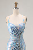 Light Blue Metallic Beaded Mermaid Prom Dress With Slit