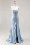 Light Blue Beaded Mermaid Ruched Satin Prom Dress With Slit