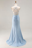 Light Blue Beaded Mermaid Ruched Satin Prom Dress With Slit