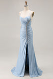 Light Blue Beaded Mermaid Ruched Satin Prom Dress With Slit