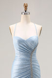 Light Blue Beaded Mermaid Ruched Satin Prom Dress With Slit