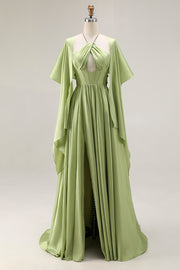 Sage Green A Line Corset Keyhole Maxi Evening Dress With Slit