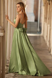 Sage Green Corset A Line Keyhole Maxi Prom Dress With Slit
