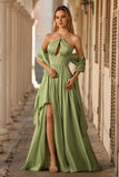 Sage Green Corset A Line Keyhole Maxi Prom Dress With Slit