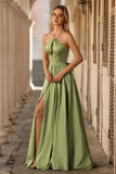 Sage Green Corset A Line Keyhole Maxi Prom Dress With Slit