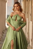 Sage Green Corset A Line Keyhole Maxi Prom Dress With Slit