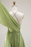 Sage Green A Line Corset Keyhole Maxi Evening Dress With Slit