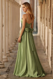 Sage Green Corset A Line Keyhole Maxi Prom Dress With Slit