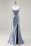 Grey Blue Corset Mermaid Beaded Satin Prom Dress With Slit