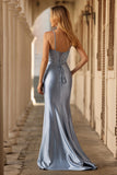 Grey Blue Mermaid Satin Beaded Corset Prom Dress With Slit