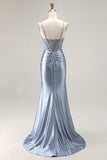 Grey Blue Corset Mermaid Beaded Satin Prom Dress With Slit