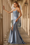 Grey Blue Mermaid Satin Beaded Corset Prom Dress With Slit