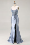 Grey Blue Corset Mermaid Beaded Satin Prom Dress With Slit