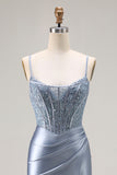 Grey Blue Corset Mermaid Beaded Satin Prom Dress With Slit