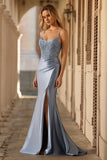 Grey Blue Mermaid Satin Beaded Corset Prom Dress With Slit