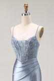 Grey Blue Corset Mermaid Beaded Satin Prom Dress With Slit
