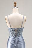 Grey Blue Corset Mermaid Beaded Satin Prom Dress With Slit