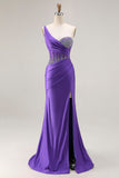 One Shoulder Corset Dark Purple Beaded Prom Dress With Slit
