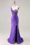 One Shoulder Corset Dark Purple Beaded Prom Dress With Slit