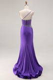 One Shoulder Corset Dark Purple Beaded Prom Dress With Slit