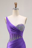 One Shoulder Corset Dark Purple Beaded Prom Dress With Slit