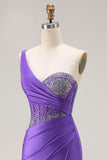 One Shoulder Corset Dark Purple Beaded Prom Dress With Slit