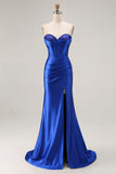 Royal Blue Sweetheart Corset Beaded Satin Prom Dress With Slit