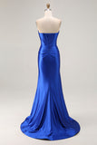 Royal Blue Sweetheart Corset Beaded Satin Prom Dress With Slit