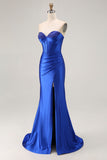 Royal Blue Sweetheart Corset Beaded Satin Prom Dress With Slit