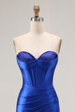 Royal Blue Sweetheart Corset Beaded Satin Prom Dress With Slit
