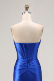 Royal Blue Sweetheart Corset Beaded Satin Prom Dress With Slit