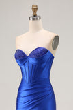 Royal Blue Sweetheart Corset Beaded Satin Prom Dress With Slit