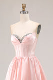 Hot Pink Corset A-Line Sweetheart Maxi Prom Dress With Slit