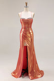 Metallic Orange Mermaid Ruched Prom Dress With Slit