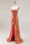 Metallic Orange Mermaid Ruched Prom Dress With Slit