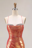 Metallic Orange Mermaid Ruched Prom Dress With Slit