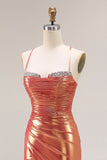 Metallic Orange Mermaid Ruched Prom Dress With Slit