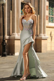 Dusty Sage Corset Appliqued Strapless Mermaid Prom Dress With Ruffle Slit