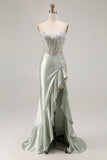 Dusty Sage Sweetheart Appliqued Corset Prom Dress With Ruffle Slit