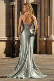 Dusty Sage Corset Appliqued Strapless Mermaid Prom Dress With Ruffle Slit