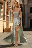 Dusty Sage Corset Appliqued Strapless Mermaid Prom Dress With Ruffle Slit