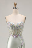 Dusty Sage Sweetheart Appliqued Corset Prom Dress With Ruffle Slit