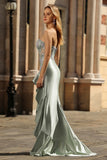 Dusty Sage Corset Appliqued Strapless Mermaid Prom Dress With Ruffle Slit