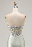 Dusty Sage Sweetheart Appliqued Corset Prom Dress With Ruffle Slit