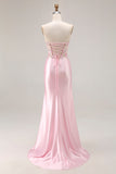 Sweetheart Corset Hot Pink Appliqued Maxi Prom Dress With Slit