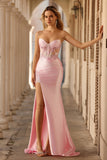Pink Strapless Mermaid Appliqued Corset Prom Dress With Slit