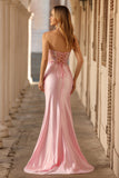Pink Strapless Mermaid Appliqued Corset Prom Dress With Slit