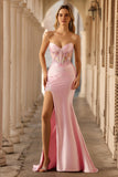 Pink Strapless Mermaid Appliqued Corset Prom Dress With Slit