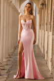 Pink Strapless Mermaid Appliqued Corset Prom Dress With Slit