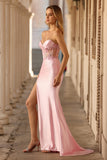 Pink Strapless Mermaid Appliqued Corset Prom Dress With Slit